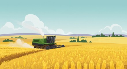 Fototapeta premium Modern agricultural scene featuring a green tractor harvesting a golden wheat field under a clear sky