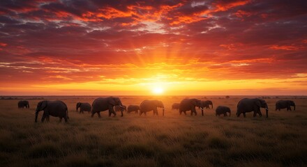 Elephants Walking at Sunset