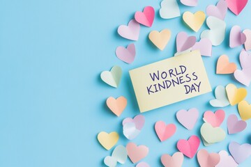 World kindness day message with paper hearts on a blue background