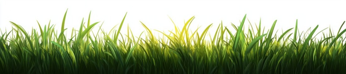 Fototapeta premium Close-up view of tall green grass blades illuminated by natural sunlight against a white background, symbolizing freshness and growth