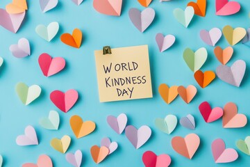 World kindness day message with paper hearts on a blue background
