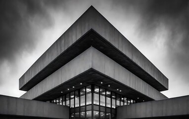 Modern Architectural Geometric Concrete Structure in Black and White Under Dramatic Sky.