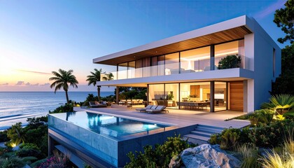 Fototapeta premium Oceanfront Villa Escape Modern Architecture with Infinity Pool at Sunset.