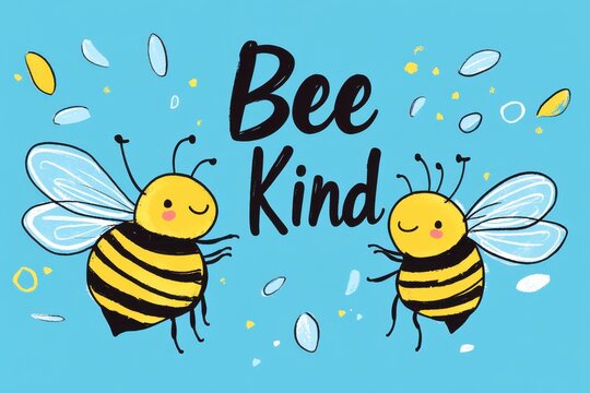 Two cartoon bees with the words bee kind on a light blue background