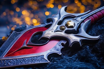Intricate sword resting on a textured surface