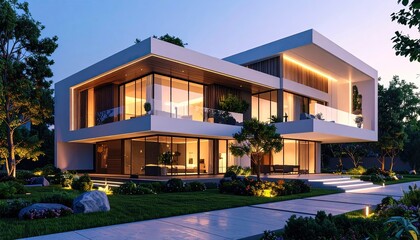 Fototapeta premium Modern White Villa at Dusk Luxury Living Amidst Lush Greenery.
