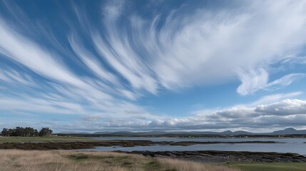Stunning Coastal Landscape with Dramatic Windswept Clouds