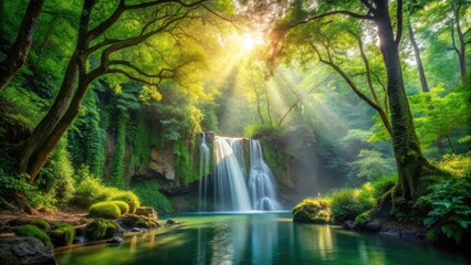 Naklejka premium Serene Waterfall Cascading Through Lush Green Forest Bathed in Golden Sunlight