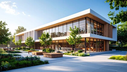 Modern Library Glass with Wood  Light Serene, and outdoors setting.
