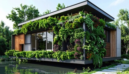 Modern EcoHouse with Living Wall  Pond  Sustainable Living.
