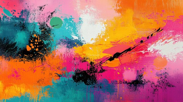 Vibrant abstract painting with bold splashes of orange, pink, teal, yellow, and black in dynamic and energetic brush strokes conveying creativity