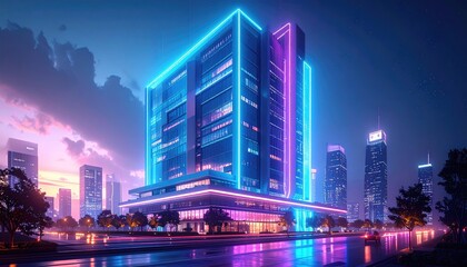 Fototapeta premium Neon Cityscape Futuristic Building Glows in Electric Night.