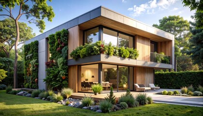 Fototapeta premium Modern Eco Home Living wall with nature, sustainable architecture, and lush.