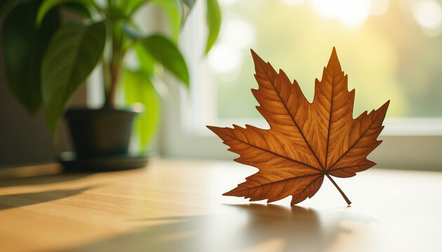 Maple Leaf Close-Up On Wooden Desk Display