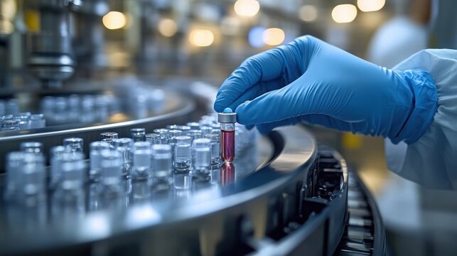 Gloved hand holding a vial with red liquid above a conveyor belt filled with empty vials in a pharmaceutical production facility