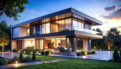 Fototapeta premium Modern Dream Home Luxury Living at Sunset. (4)