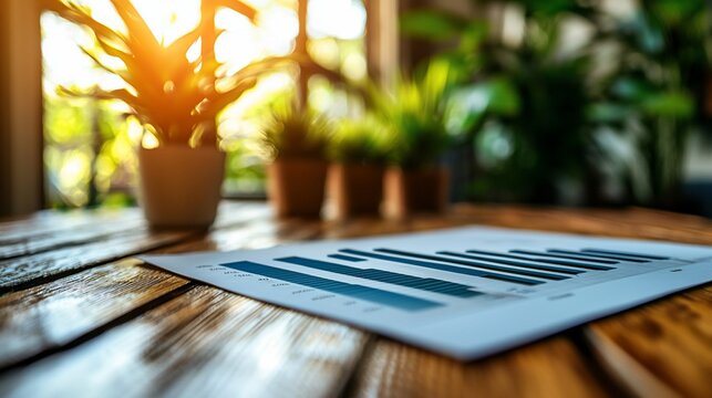 Financial data report rests on wooden table, sunlight streams through nearby window, illuminating potted plants