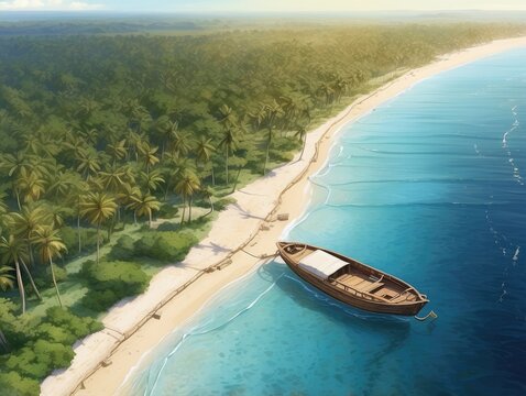Bird&rsquo;s-Eye View of a Boat on Musho Island&rsquo;s Shoreline, East Sepik
