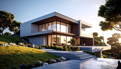 Fototapeta premium Modern hillside home basks in golden sunlight Architectural dream.
