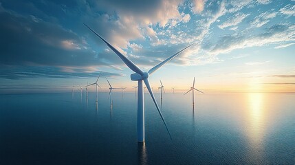 A serene ocean scene at sunset with multiple offshore wind turbines generating renewable energy under a partly cloudy sky