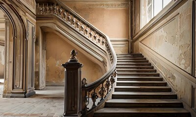 Decaying Grand Staircase with Ornate Wood Railings and Peeling Paint in a Historical Building - Powered by Adobe