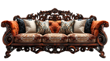 Vintage Carved Sofa With Plush Cushions Isolated on Transparent Background