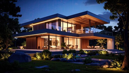 Fototapeta premium Modern Luxury Home Glows at Twilight with Outdoor Living Beckons.