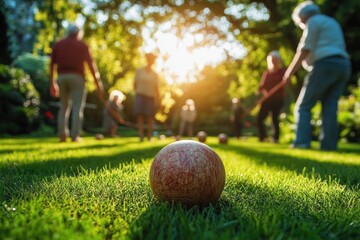 Close-up of a ball on green grass with a group of seniors playing a lawn game in a sunny garden during late afternoon