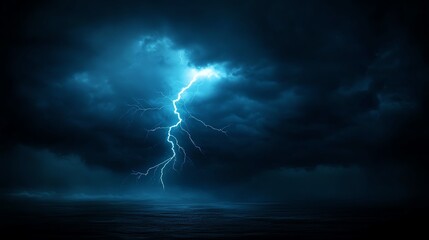 A dramatic lightning strike illuminating dark storm clouds over a serene landscape, showcasing nature's power.