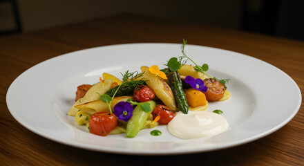 Gourmet Pasta Dish with Roasted Vegetables and Edible Flowers