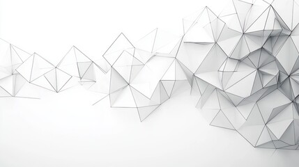Abstract geometric network composed of interconnected translucent polygons with thin black outlines on a white background creating a flowing and dynamic structure