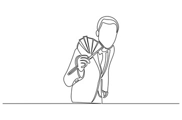 Continuous one line drawing of Businessman holding fan of money. Single line drawing illustration of Businessman holding money. Successful businessman concept vector art. Doodle line illustration.