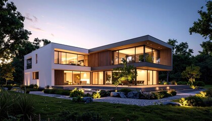 Modern Dream Lit Modern House at Dusk with Surrounded by Lush Greenery.