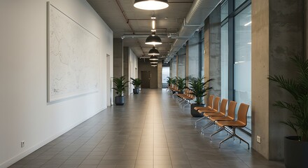 Obraz premium Mockup of an empty white poster on the wall in a modern hospital waiting room with comfortable chairs and medical equipment 