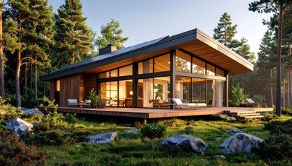 Modern Forest Home Glass Walls with Wood Deck, and Sunlit Serenity.