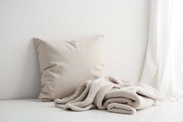 A tan pillow and a tan towel sitting on a white surface.