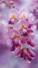 Close-up of pink wisteria flower cluster with raindrops and soft blurred background