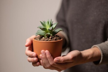 A close up view of a small succulent plant in a terracotta pot