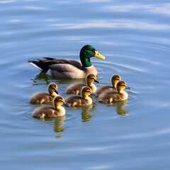 Obraz premium A family of ducks with six ducklings swimming together; Whitehorse, Yukon, Canada