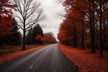 Naklejka premium A long black road surrounded by a forest of leaf covered trees.