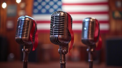 Vintage Microphones in Front of American Flag for Themed Events or Performances
