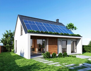 Modern EcoHouse Solar Panels gleam on roof with sustainable living dream.