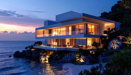 Coastal Dream Modern Villa on Cliff at Dusk Ocean view Luxury.
