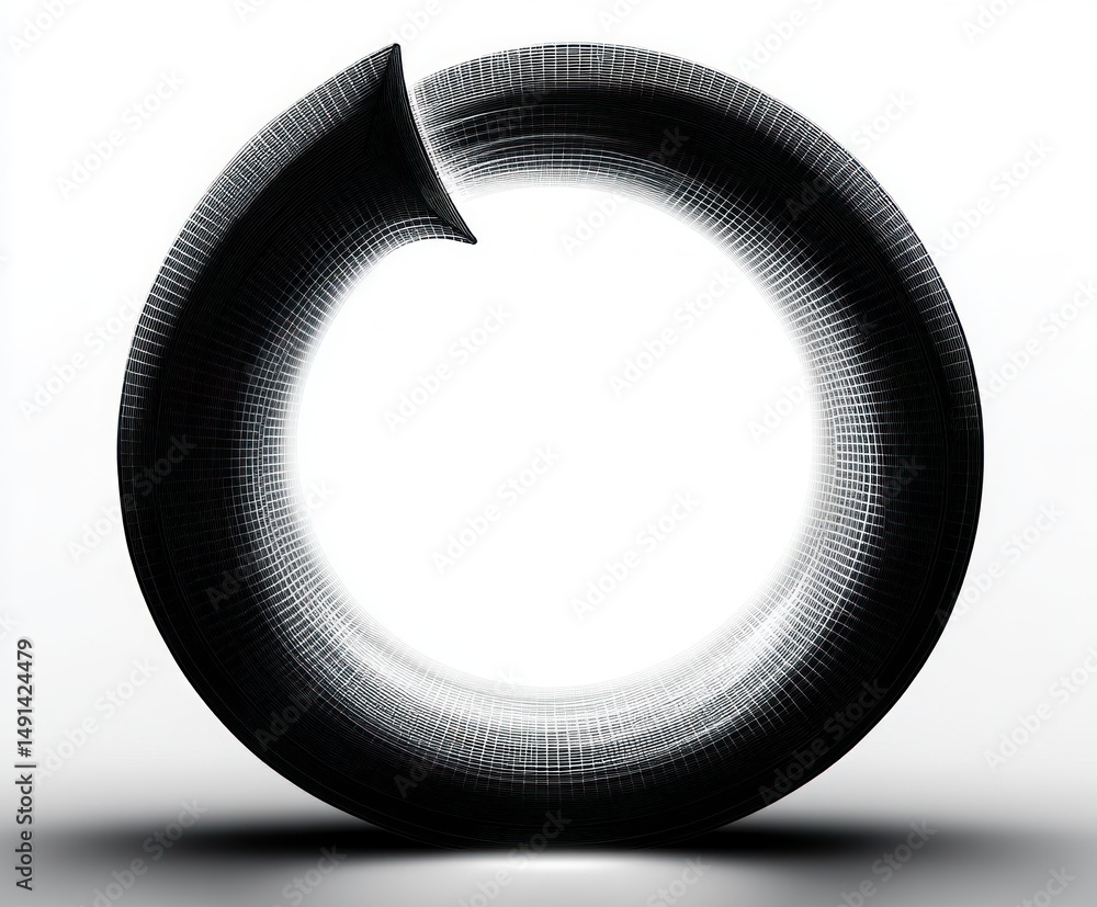 Poster black and white digital 3d rendering of an abstract circular tube with grid texture and a sharp end,