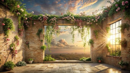 Serene Brick Courtyard with Blooming Vines, Offering Breathtaking Sunset Views Through a Picturesque Archway