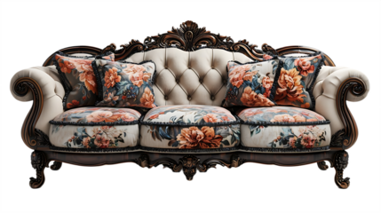 Traditional Cream Sofa With Wood Details Isolated on Transparent Background