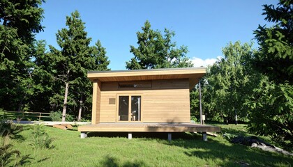 Modern Wooden Cabin in a Lush Green Forest Setting