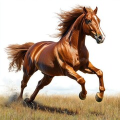 Obraz premium Powerful chestnut horse running energetically through a grassy field with mane flowing and muscles visible under bright sunlight