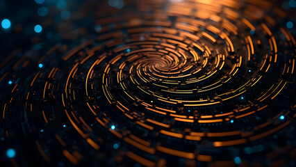 Geometric maze of glowing triangular spirals, 60-degree precision, RF circuit inspiration, high-tech metallic texture with depth.