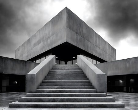 Monochromatic modern architecture with dramatic sky with leading stairs perspective.
